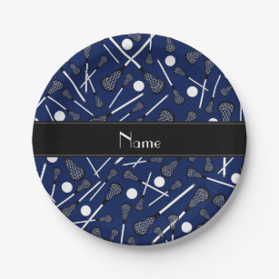 Personalized name navy blue lacrosse paper plate