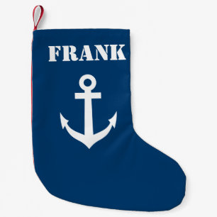 Personalized name navy blue nautical boat anchor small christmas stocking
