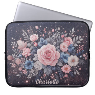 Personalized Name Navy Blue pink Glitter Flowers Laptop Sleeve