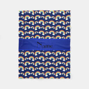 Personalized name navy blue rainbows pattern fleece blanket
