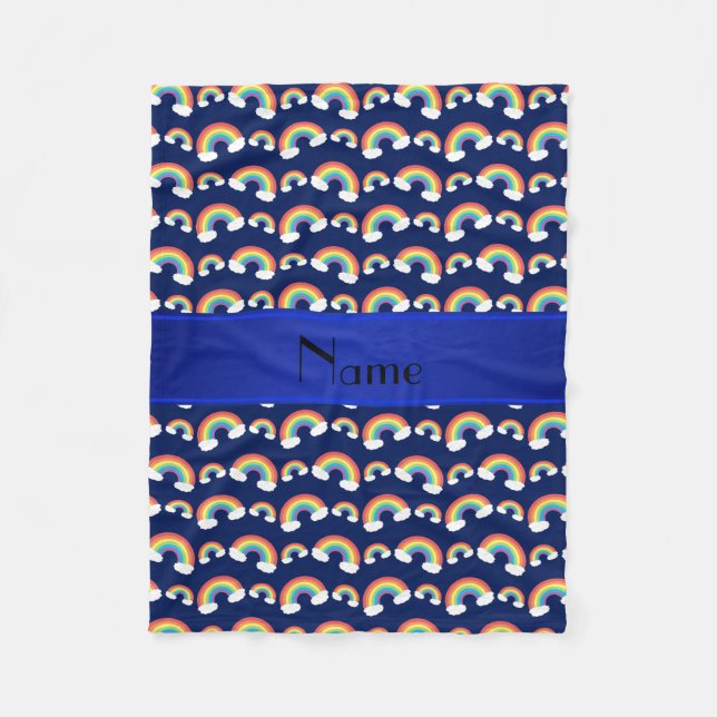 Personalized name navy blue rainbows pattern fleece blanket (Front)