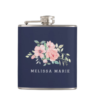 Personalized Name Navy Floral Watercolor Hip Flask