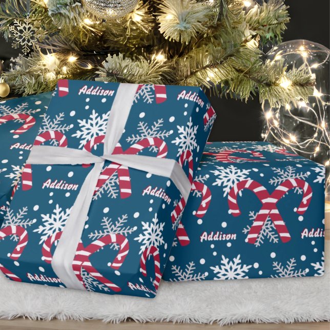 Personalized Name Navy Snowflake Candy Cane Gift Wrapping Paper (Creator Uploaded)