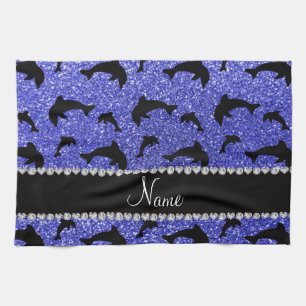 Personalized name neon blue glitter dolphins kitchen towel