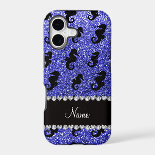 Personalized name neon blue glitter seahorses