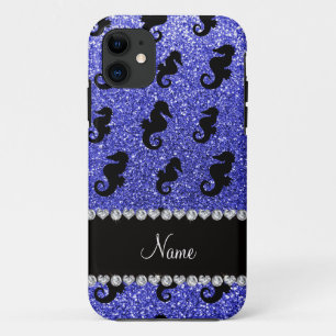 Personalized name neon blue glitter seahorses iPhone 11 case