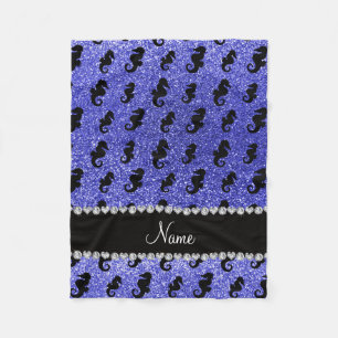 Personalized name neon blue glitter seahorses fleece blanket