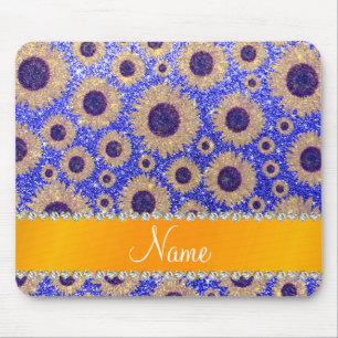 Personalized name neon blue glitter sunflowers mouse pad
