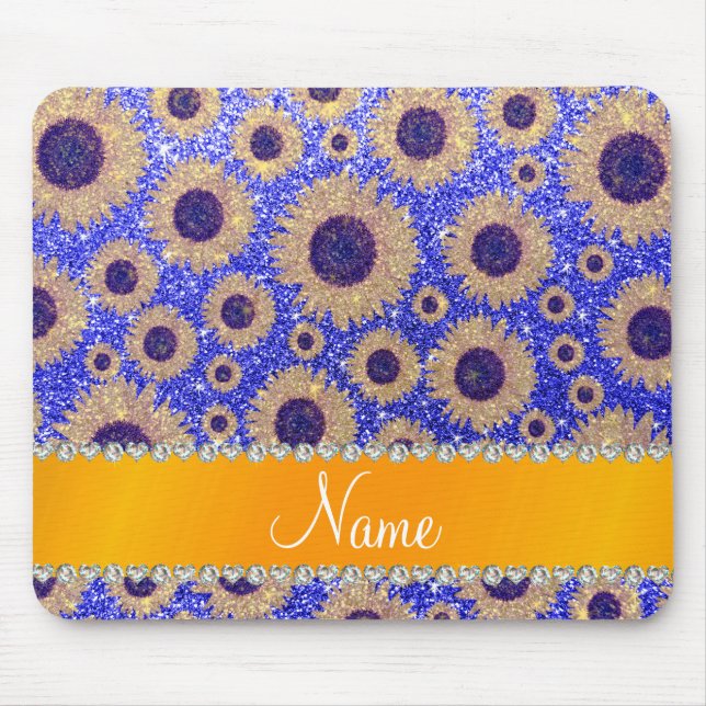 Personalized name neon blue glitter sunflowers mouse pad (Front)