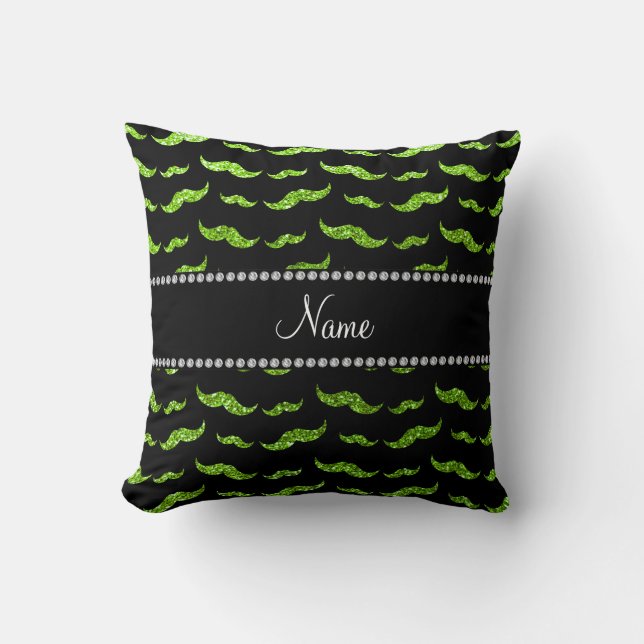 Personalized name neon green glitter moustaches throw pillow (Front)