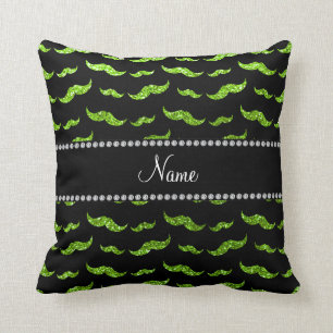 Personalized name neon green glitter moustaches throw pillow