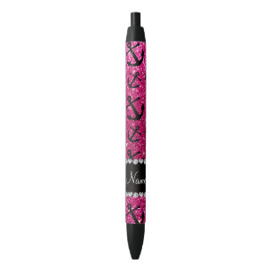 Personalized name neon hot pink glitter anchors black ink pen