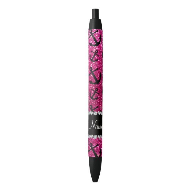 Personalized name neon hot pink glitter anchors black ink pen (Front Vertical)
