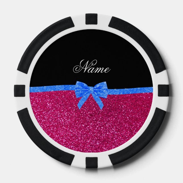Personalized name neon hot pink glitter blue bow poker chips (Front)
