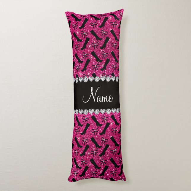 Personalized name neon hot pink glitter boots bows body pillow (Back (Vertical))