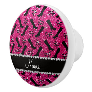Personalized name neon hot pink glitter boots bows ceramic knob