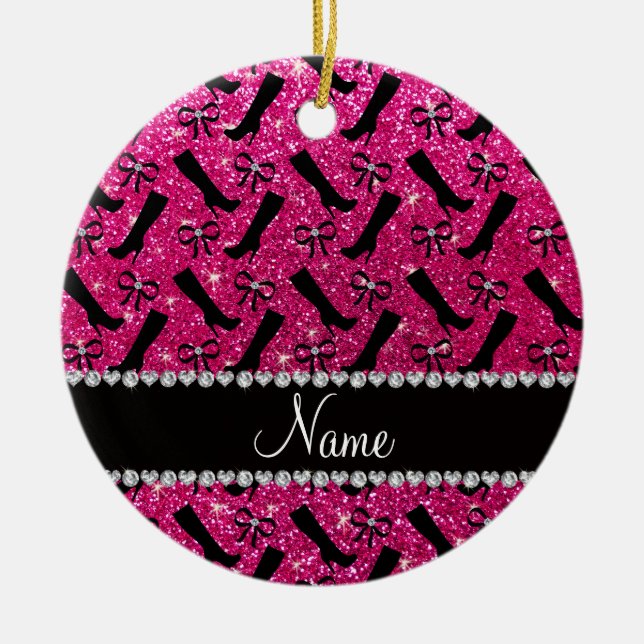 Personalized name neon hot pink glitter boots bows ceramic ornament (Front)
