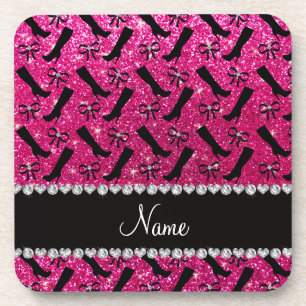Personalized name neon hot pink glitter boots bows coaster