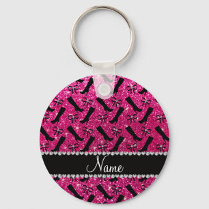 Personalized name neon hot pink glitter boots bows keychain