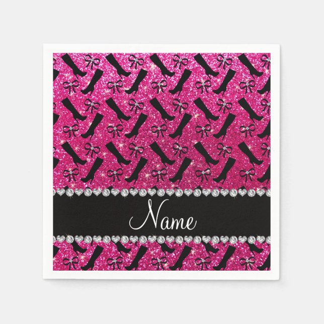 Personalized name neon hot pink glitter boots bows napkin (Front)