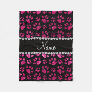 Personalized name neon hot pink glitter cat paws fleece blanket