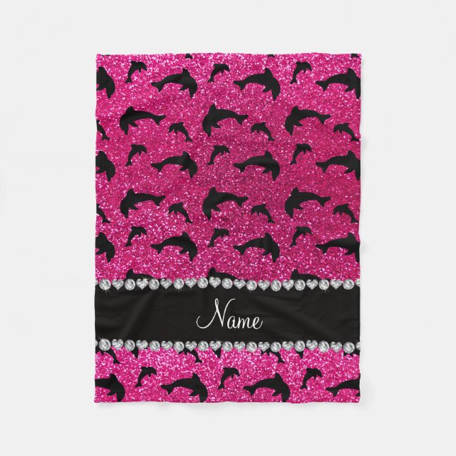 Personalized name neon hot pink glitter dolphins fleece blanket (Front)