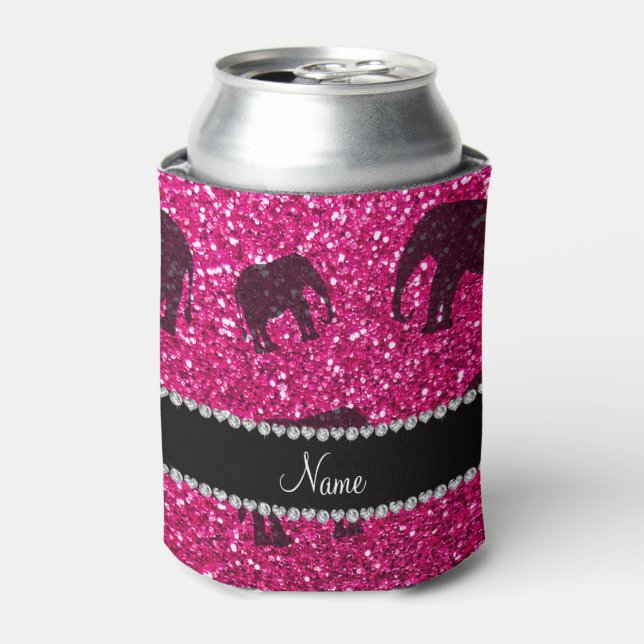 Personalized name neon hot pink glitter elephants can cooler (Can Front)