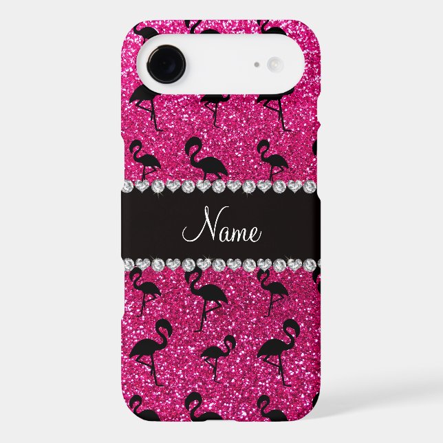 Personalized name neon hot pink glitter flamingos Case-Mate iPhone case (Back)