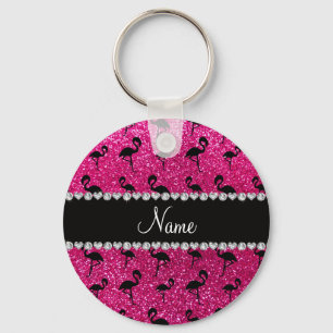 Personalized name neon hot pink glitter flamingos keychain