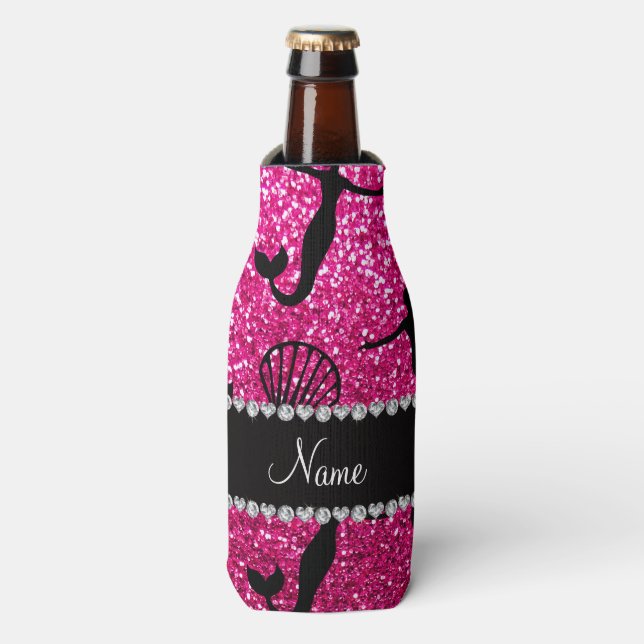 Personalized name neon hot pink glitter mermaids bottle cooler (Bottle Front)