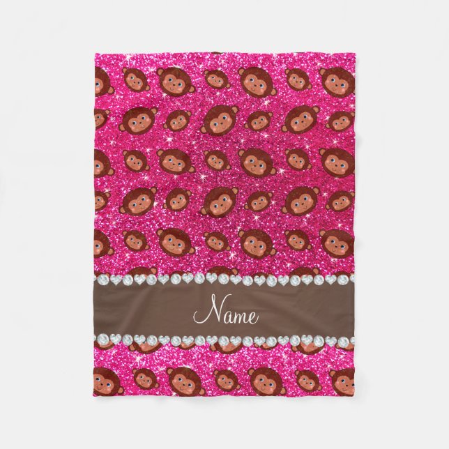 Personalized name neon hot pink glitter monkeys fleece blanket (Front)