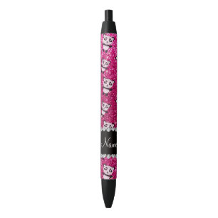 Personalized name neon hot pink glitter pandas black ink pen