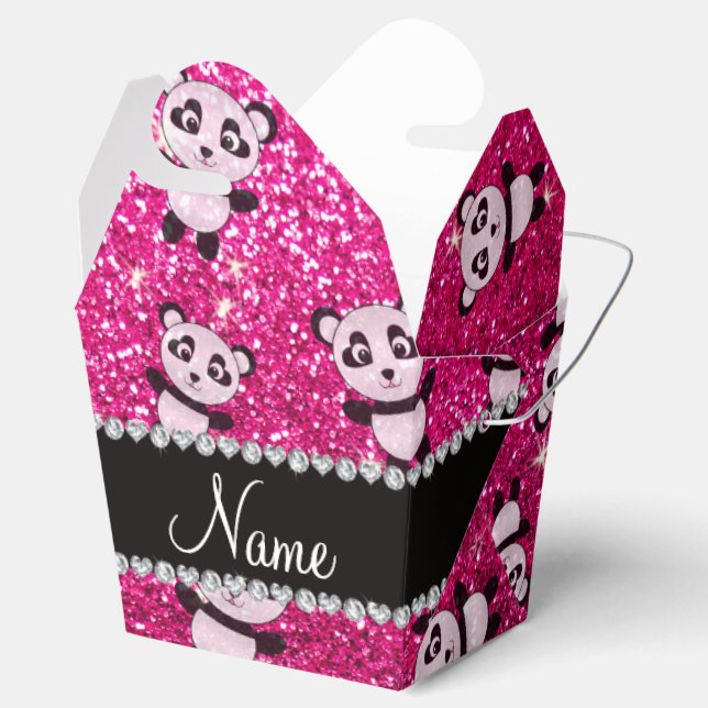 Personalized name neon hot pink glitter pandas favor box (Opened)