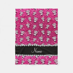 Personalized name neon hot pink glitter pandas fleece blanket