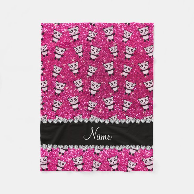 Personalized name neon hot pink glitter pandas fleece blanket (Front)