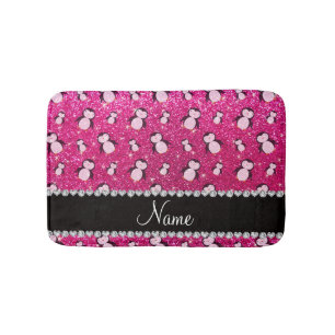 Personalized name neon hot pink glitter penguins bath mat