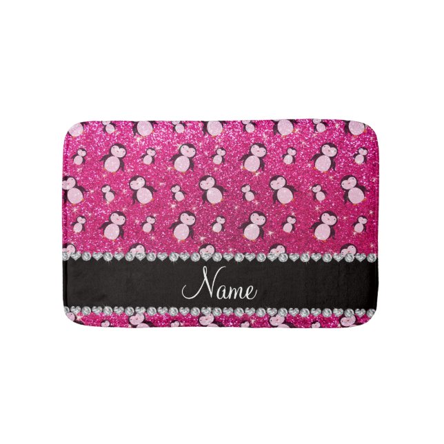 Personalized name neon hot pink glitter penguins bath mat (Front)