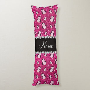 Personalized name neon hot pink glitter penguins body pillow