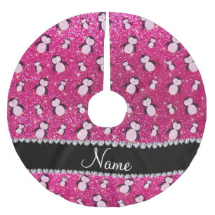 Personalized name neon hot pink glitter penguins brushed polyester tree skirt