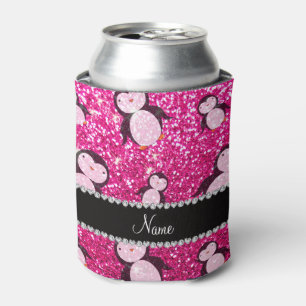 Personalized name neon hot pink glitter penguins can cooler