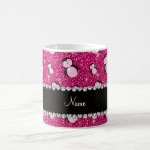 Personalized name neon hot pink glitter penguins coffee mug