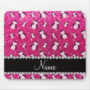 Personalized name neon hot pink glitter penguins mouse pad