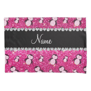 Personalized name neon hot pink glitter penguins pillowcase