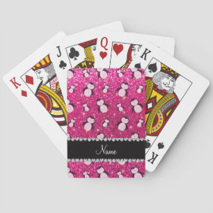 Personalized name neon hot pink glitter penguins playing cards