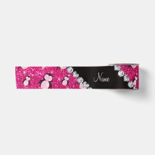 Personalized name neon hot pink glitter penguins satin ribbon