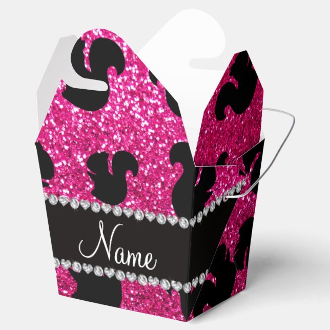 Personalized name neon hot pink glitter squirrel favor box (Opened)