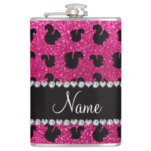 Personalized name neon hot pink glitter squirrel hip flask
