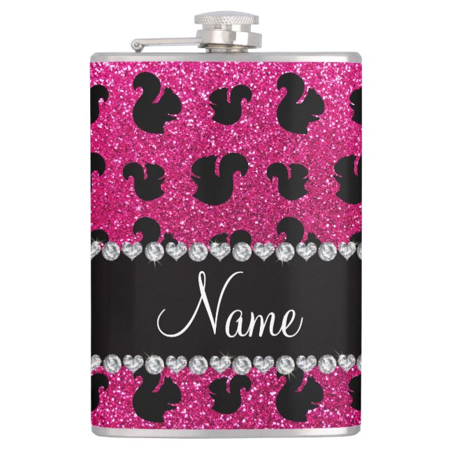 Personalized name neon hot pink glitter squirrel hip flask (Front)