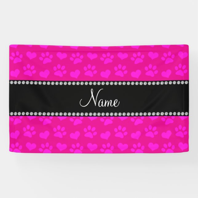 Personalized name neon hot pink hearts and paws banner (Horizontal)