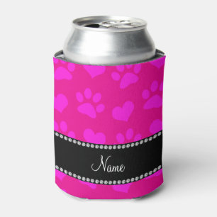 Personalized name neon hot pink hearts and paws can cooler